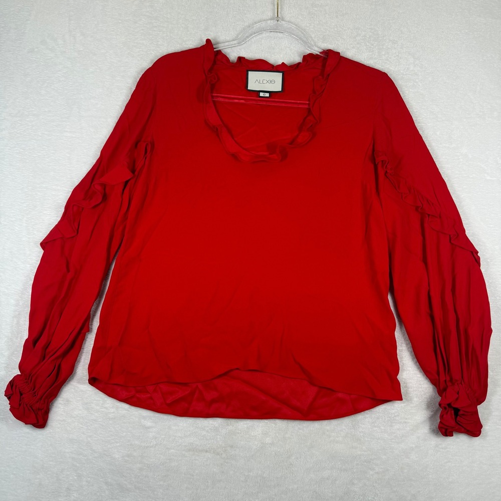 Alexis Red Ruffle Neck Long Sleeve Viscose Blouse Womens Size S Smocked Cuffs